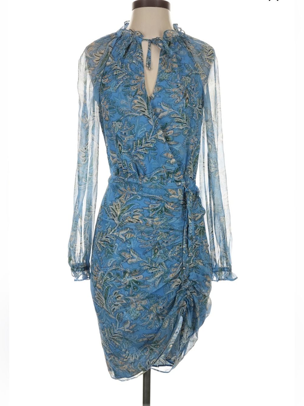Veronica Beard Blue Paisley Wrap Dress with Sheer Sleeves